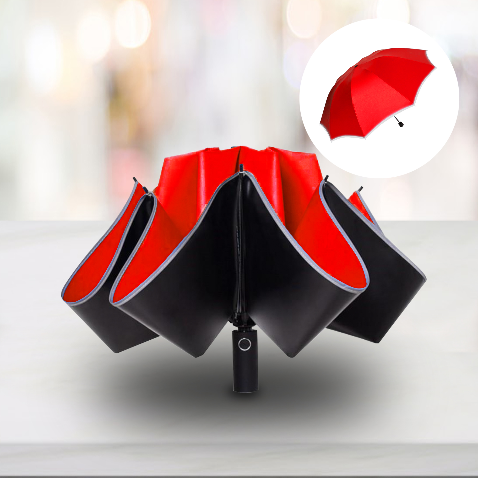 Automatic Reverse Folding Umbrella With Reflective Piping